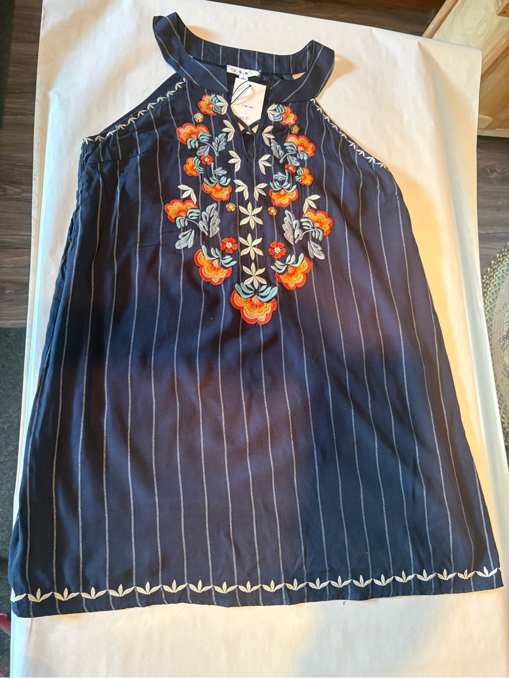 THML Navy Striped Halter Tunic with Cream Embroidery
